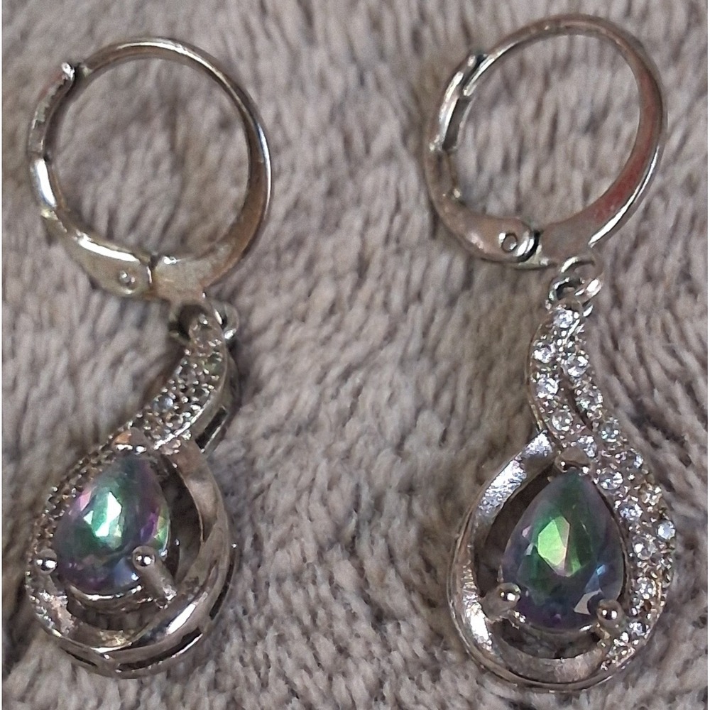 Mystic Topaz Sterling Silver 925 Teardrop Dangle Earrings Leverback CZ Pave